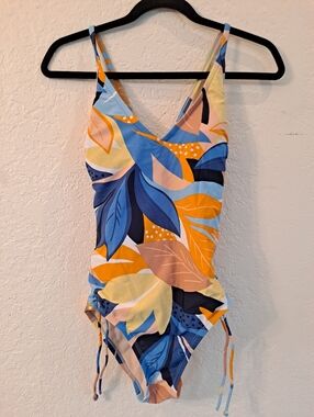 Kona Sol Tropical Leaf Print Blue Orange Yellow One-Piece Swimsuit